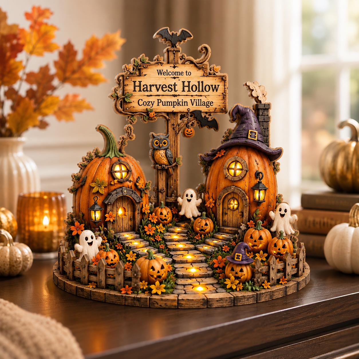 Halloween Pumpkin Village Wood Block, Cozy Fall Harvest Shelf Decor