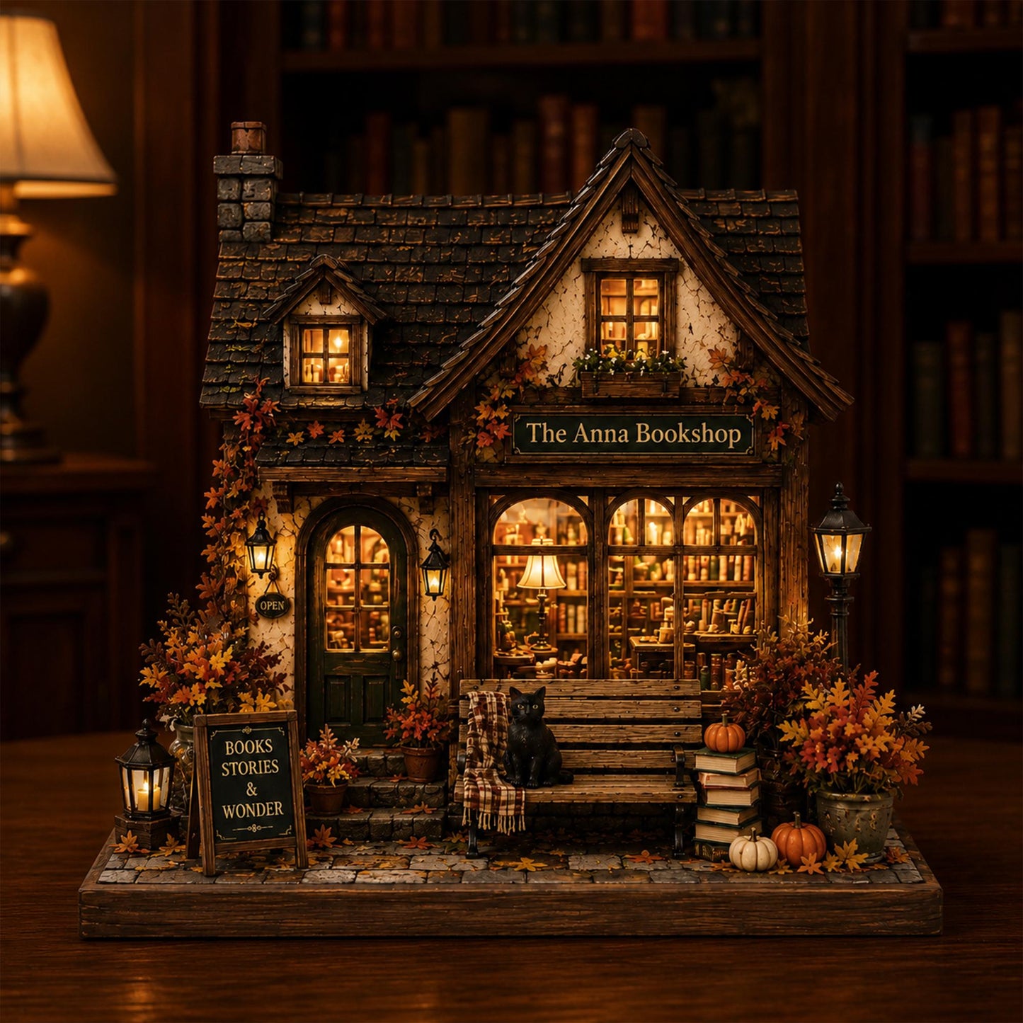 Personalized Fall Bookshop Wood Block, Cozy Autumn House Shelf Decor