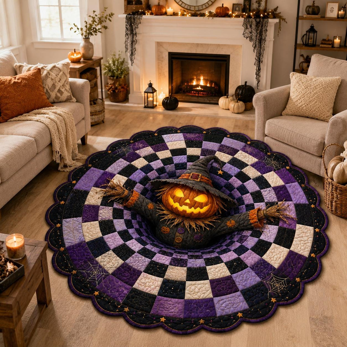 3D Pumpkin Scarecrow Halloween Round Rug