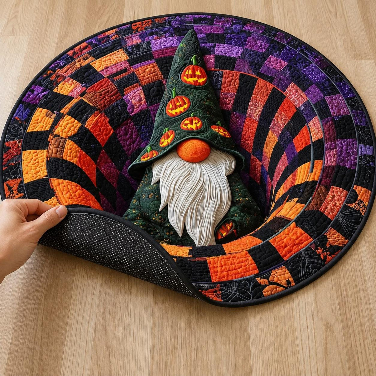 3D Halloween Gnome Rug, Round Pumpkin Witch Optical Illusion Rug