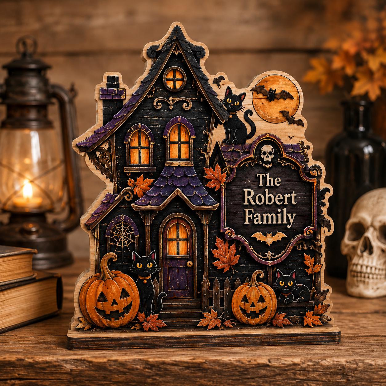 Personalized Black Cat Haunted House Wood Block, Family Halloween Decor