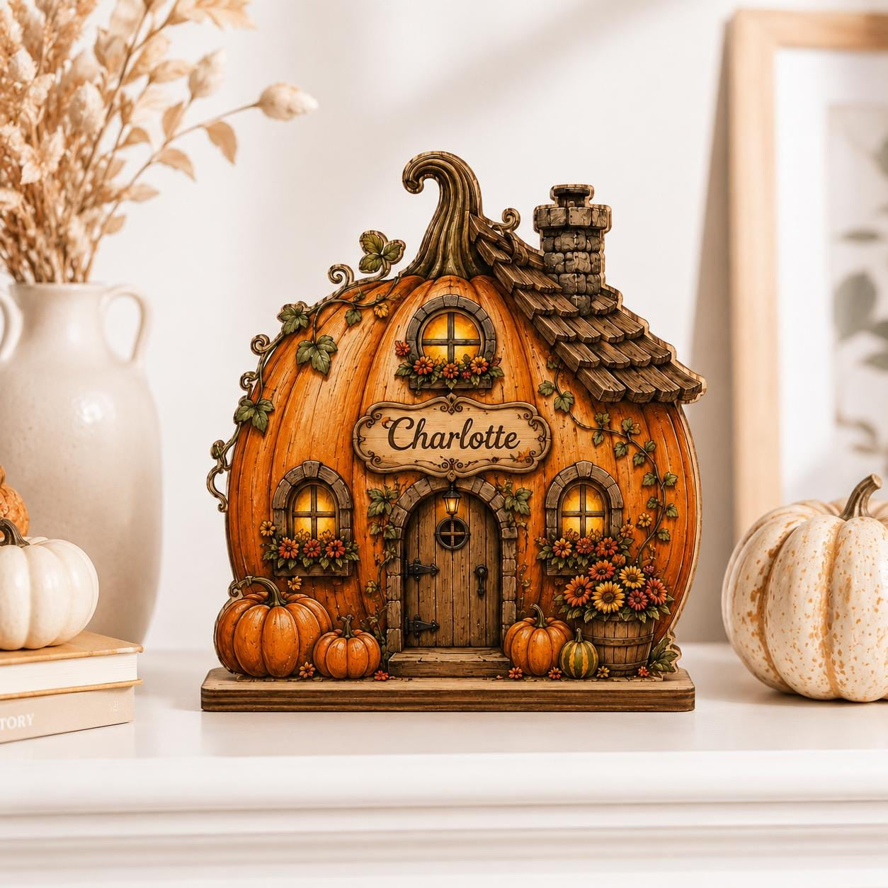 Personalized Pumpkin House Wooden Block, Custom Family Name Fall Decor, Autumn Cottage Shelf Sitter, Thanksgiving Home Gift