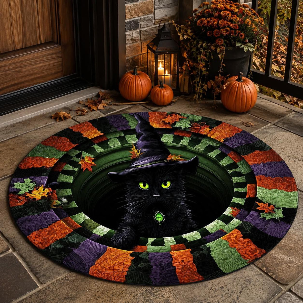 3D Black Cat Witch Halloween Round Rug
