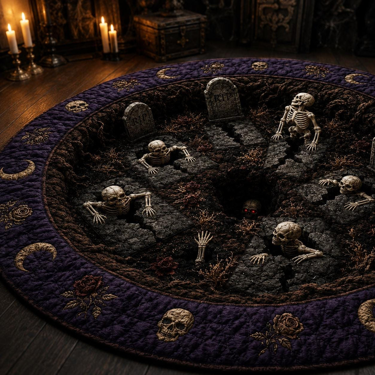 3D Skeleton Graveyard Halloween Round Rug