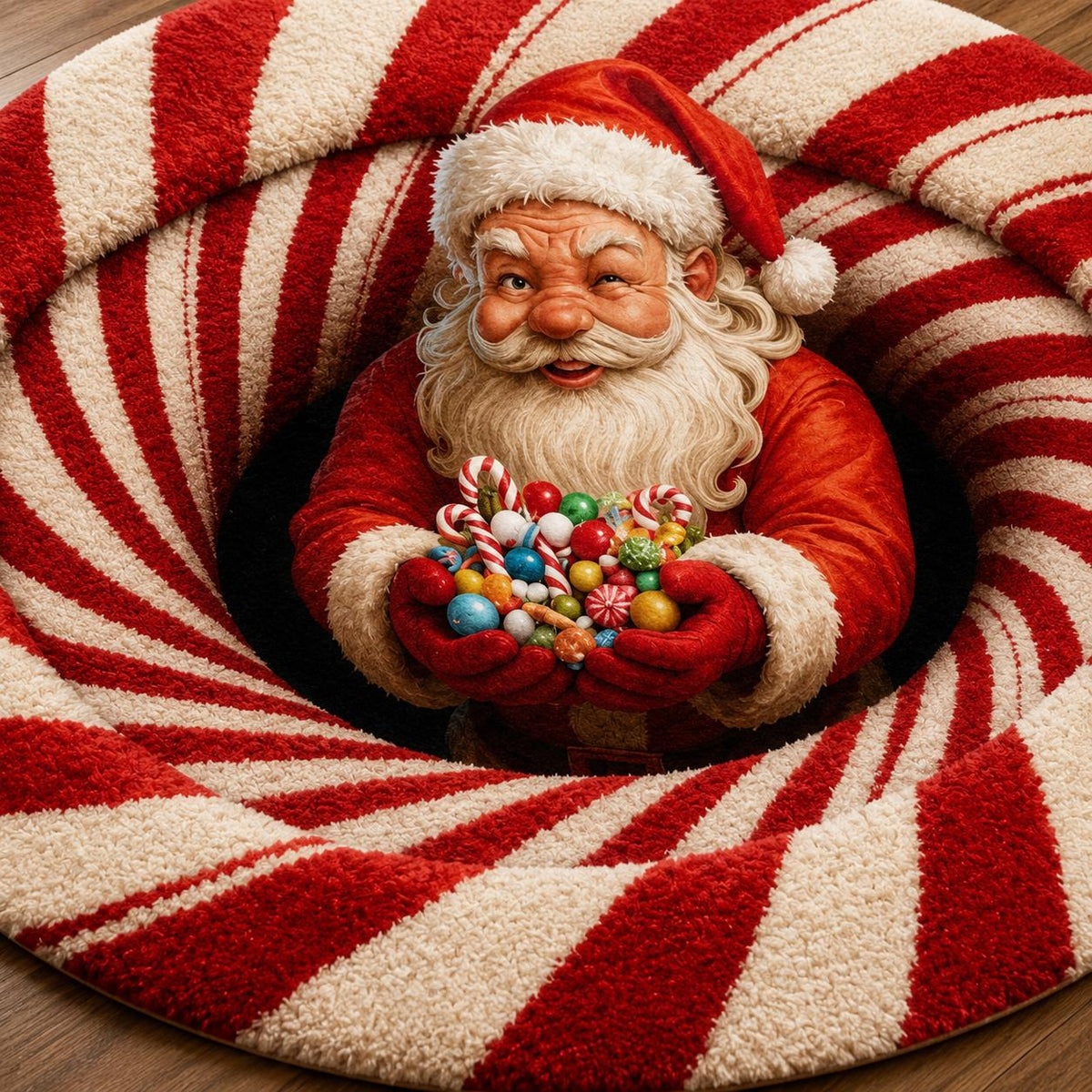 3D Santa Candy Cane Christmas Round Rug