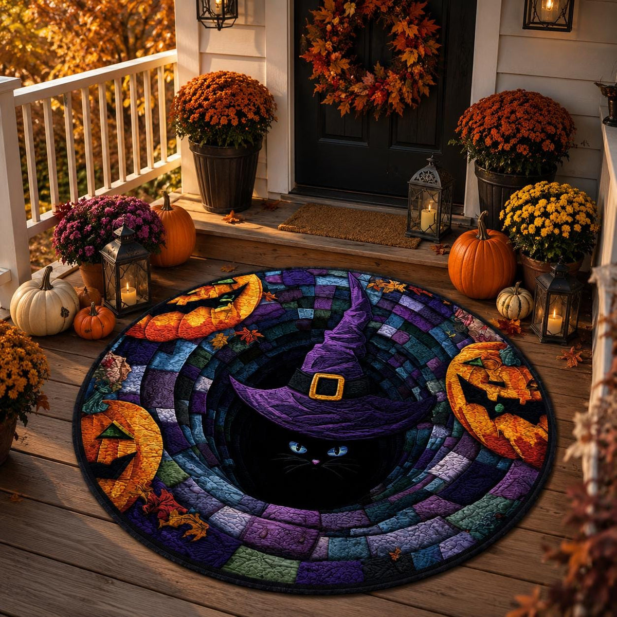 3D Black Cat Witch Halloween Round Rug