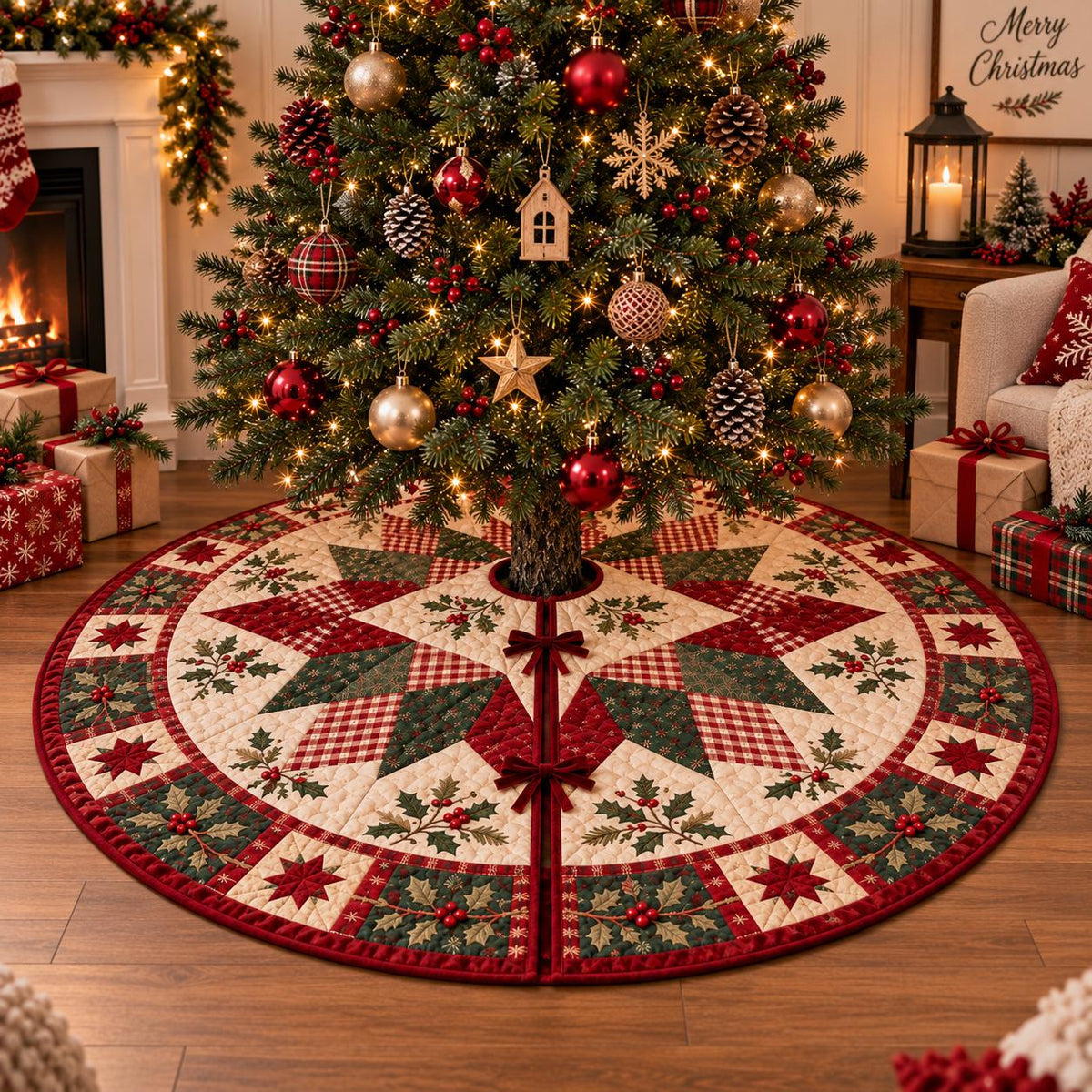 Christmas Tree Skirt, Quilted Patchwork Tree Skirt