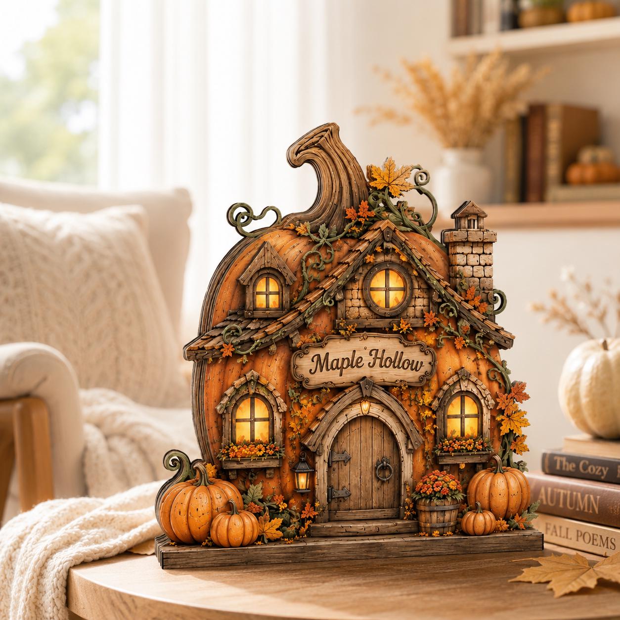 Personalized Pumpkin House Wood Block, Rustic Fall Harvest Decor