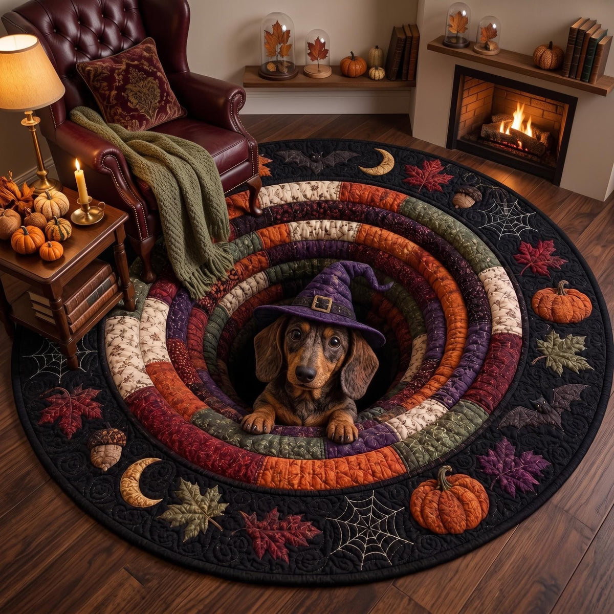 3D Dachshund Halloween Round Rug