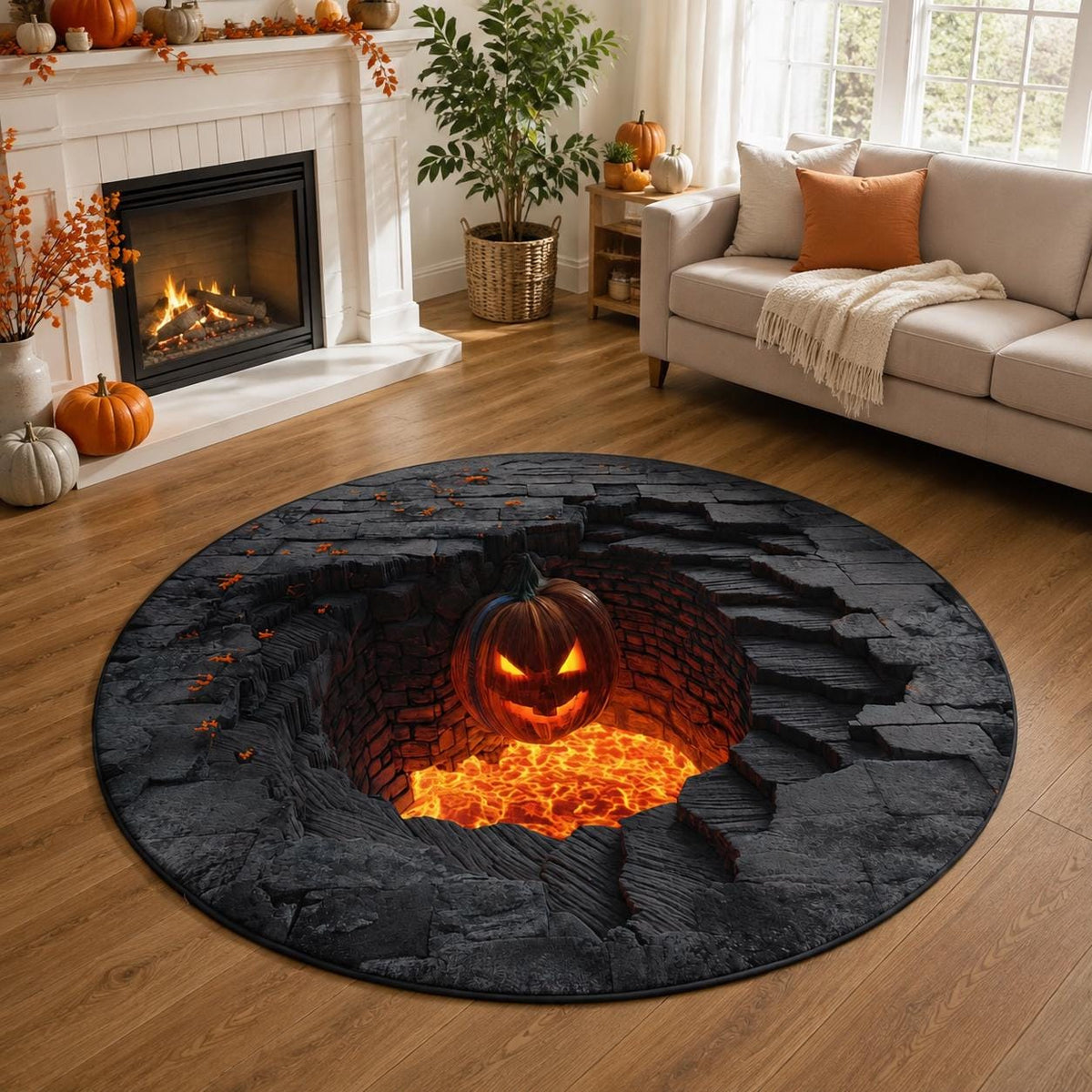 3D Pumpkin Lava Pit Halloween Round Rug