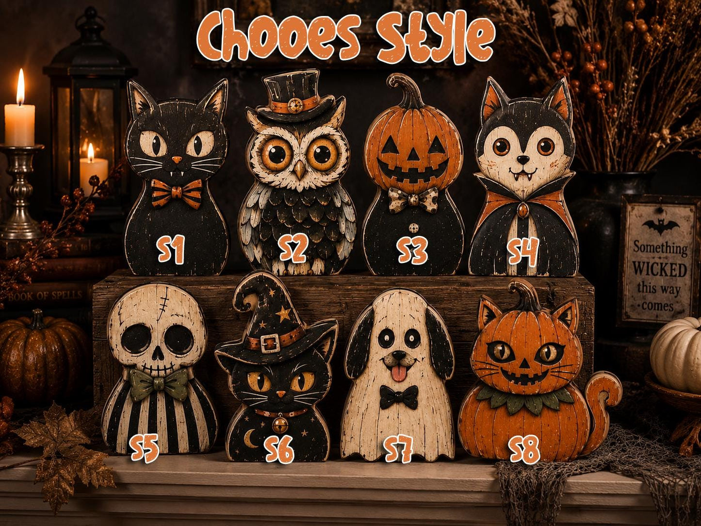 Halloween Wooden Block Set, Spooky Character Decor, Pumpkin Cat Ghost Shelf Sitter, Rustic Halloween Tiered Tray Decor