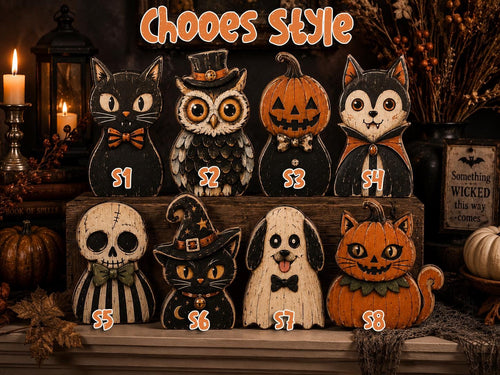 Halloween Wooden Block Set, Spooky Character Decor, Pumpkin Cat Ghost Shelf Sitter, Rustic Halloween Tiered Tray Decor