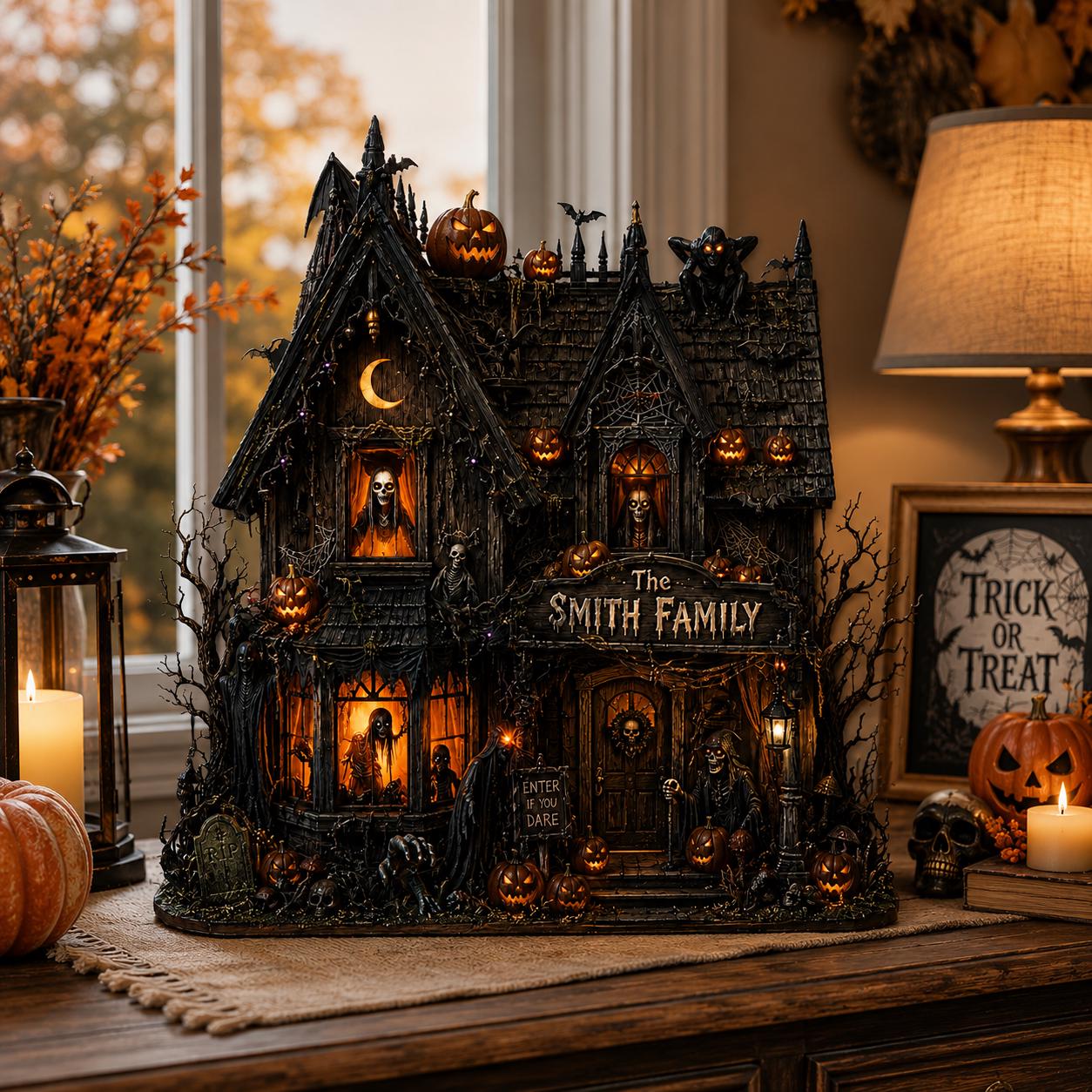 Personalized Haunted House Wood Block, Gothic Halloween Shelf Decor