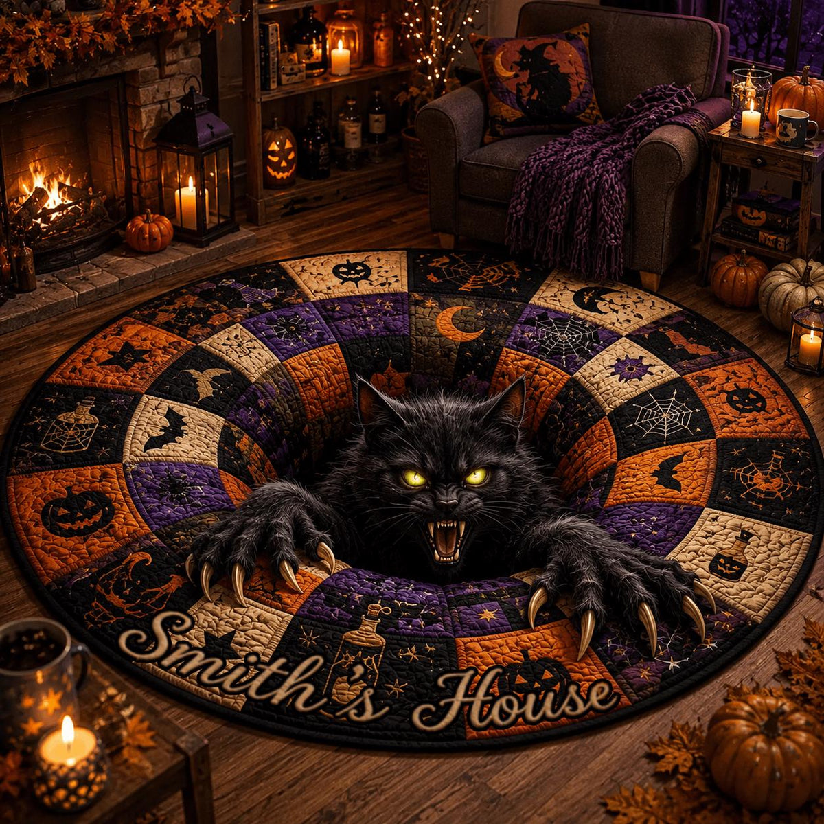 3D Black Cat Halloween Round Rug