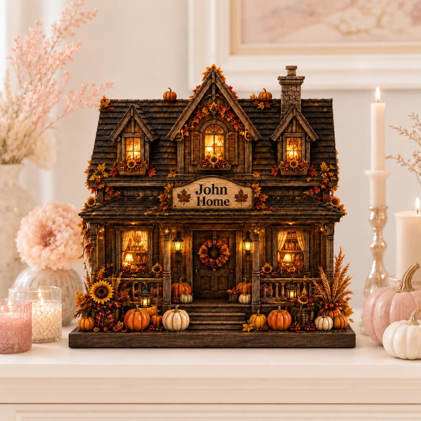 Personalized Fall House Wood Block, Custom Family Name Autumn Decor