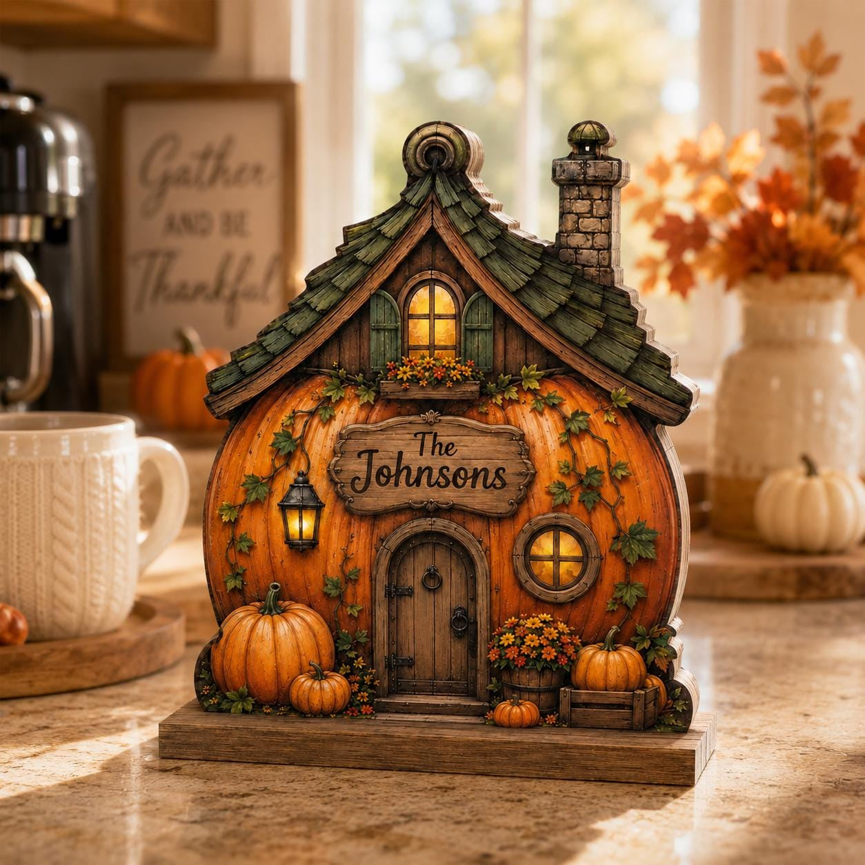 Personalized Pumpkin House Wood Block, Custom Fall Cottage Decor