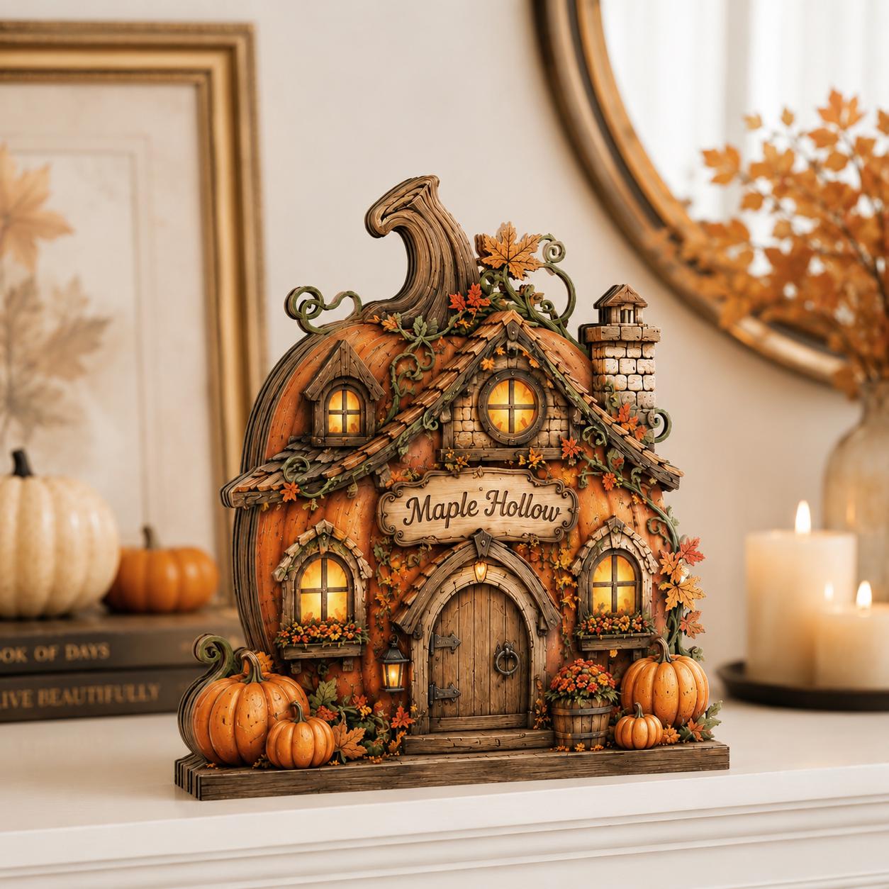 Personalized Pumpkin House Wood Block, Rustic Fall Harvest Decor