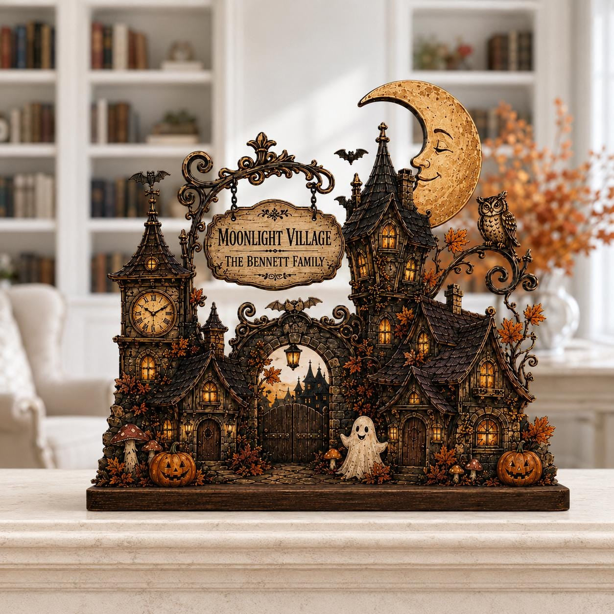 Personalized Moonlight Village Wood Block, Halloween Family Name Decor