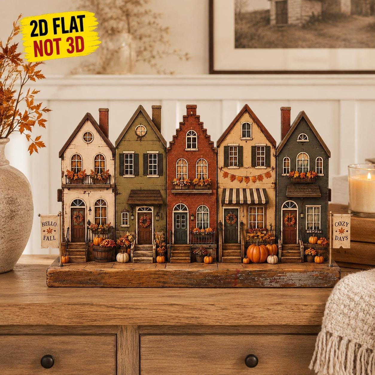 Personalized Fall Town Wooden Block, Autumn Village Decor, Custom Family Name Sign, Pumpkin Harvest Shelf Sitter Decor