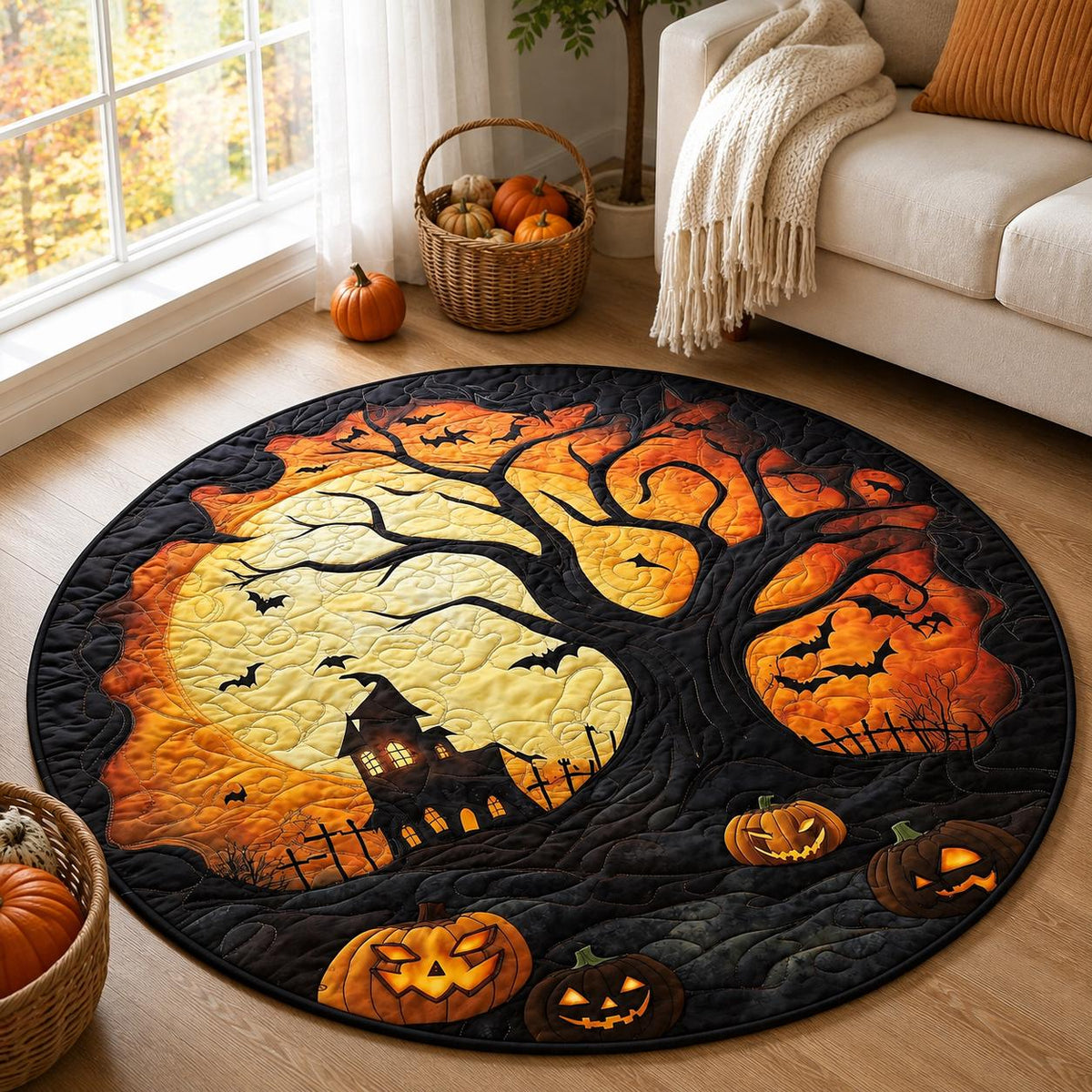 Halloween Haunted Tree Rug, Round Pumpkin Moon Area Rug
