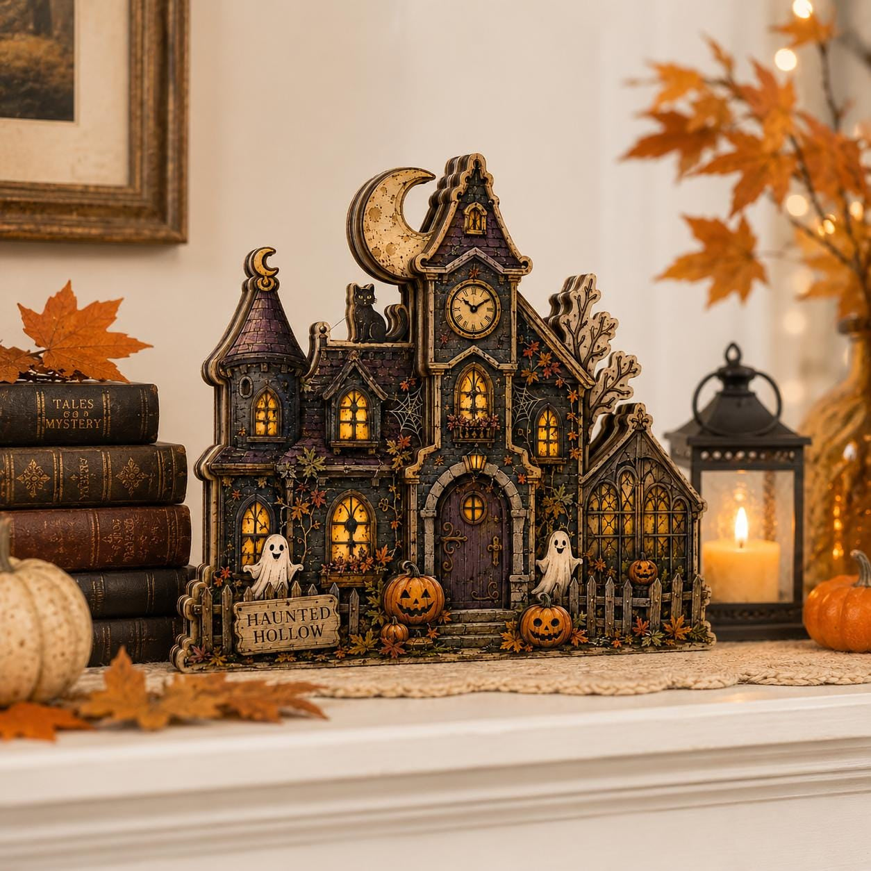 Personalized Haunted House Wooden Block, 2D Halloween Shelf Sitter, Spooky Gothic Home Decor, Ghost Pumpkin Mantel Decoration