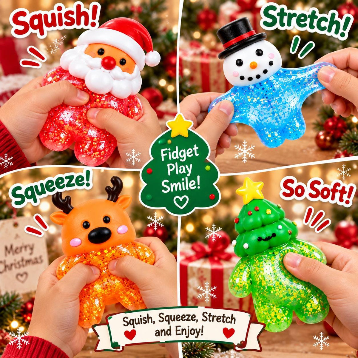 Christmas Squishy Toy Set, 3 Holiday Character Squishie