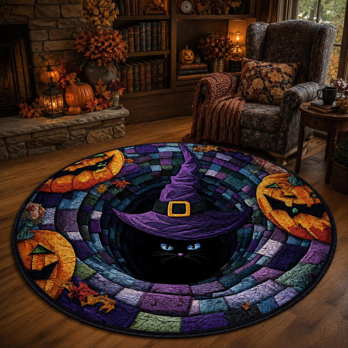 3D Black Cat Witch Halloween Round Rug