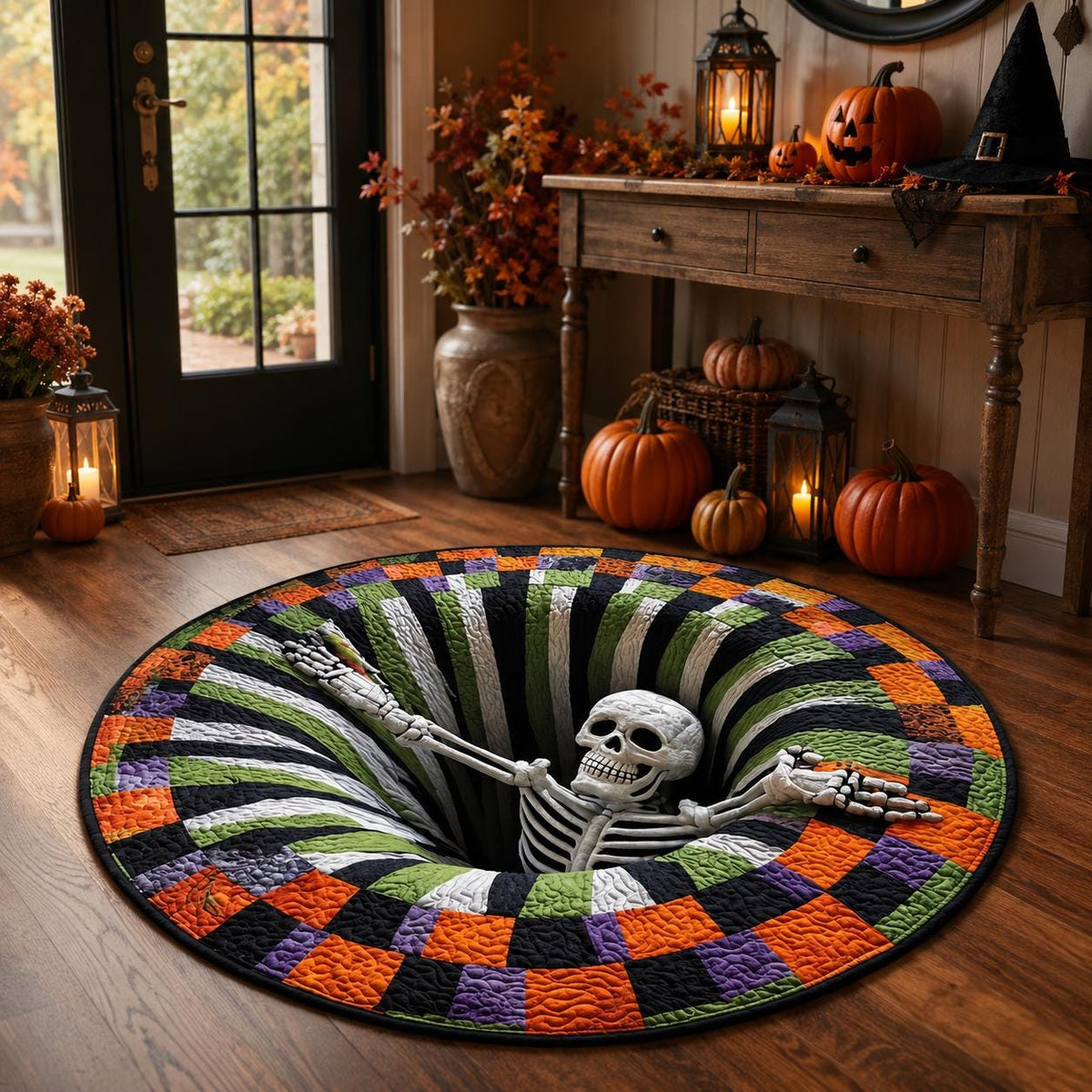 3D Skeleton Halloween Round Rug