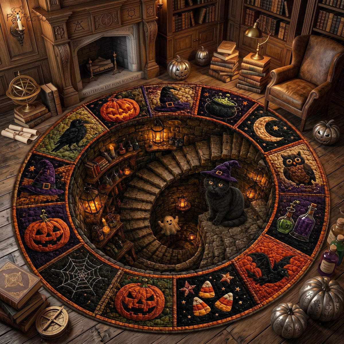 3D Black Cat Halloween Round Rug