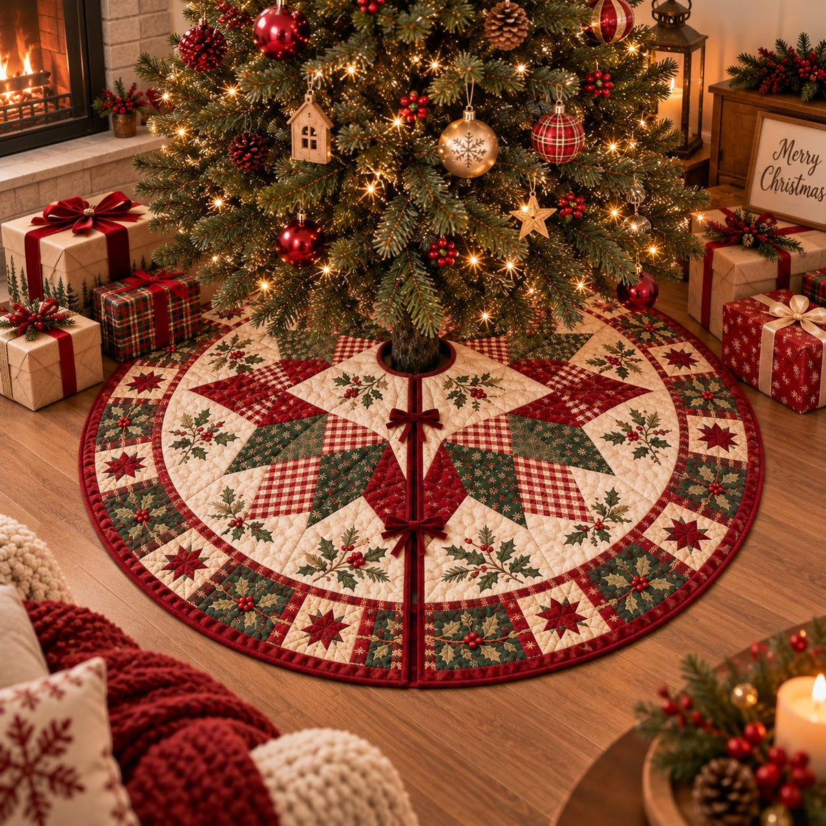 Christmas Tree Skirt, Quilted Patchwork Tree Skirt
