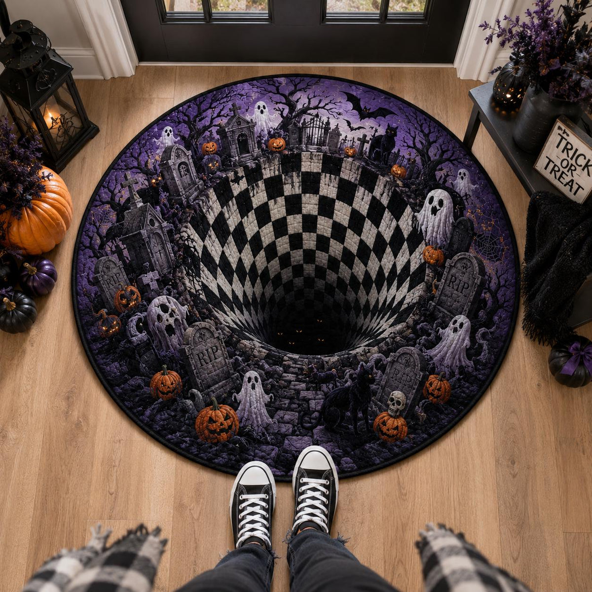 3D Haunted Graveyard Halloween Round Rug