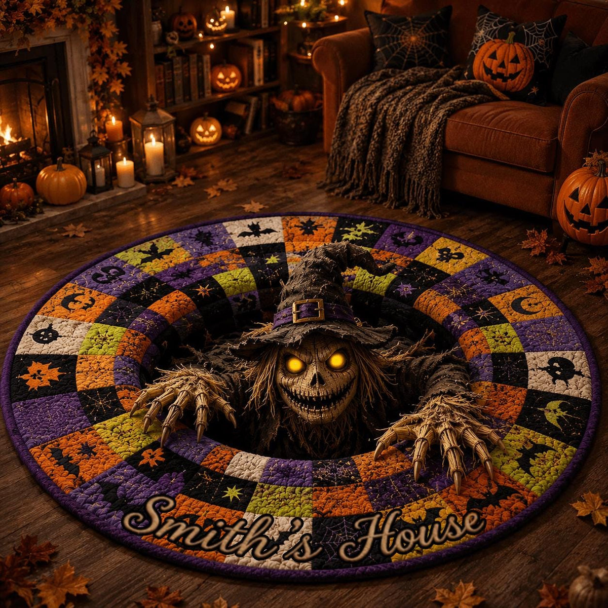 3D Witch Scarecrow Halloween Round Rug