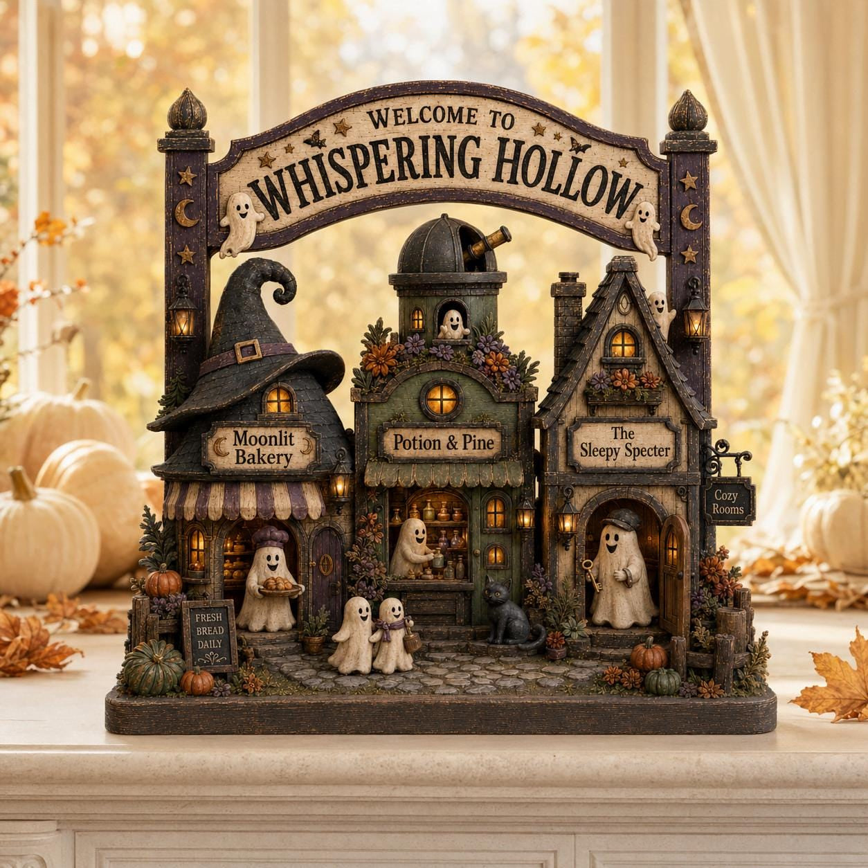 Personalized Halloween Village Wood Block, Ghost Town Shelf Decor