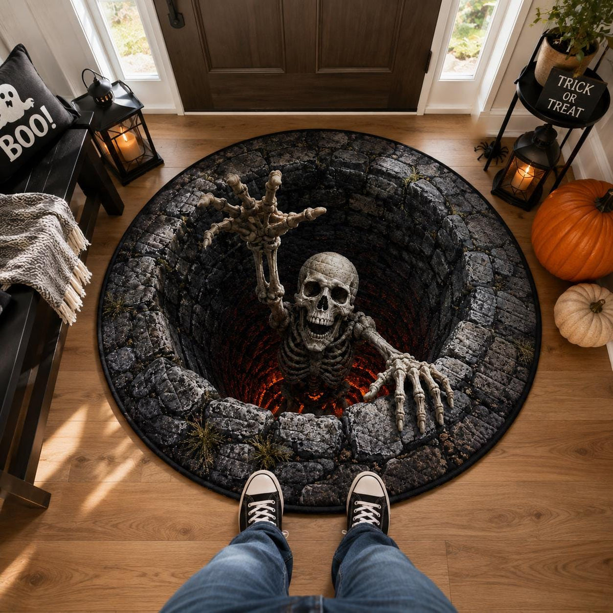 3D Skeleton Pit Halloween Round Rug