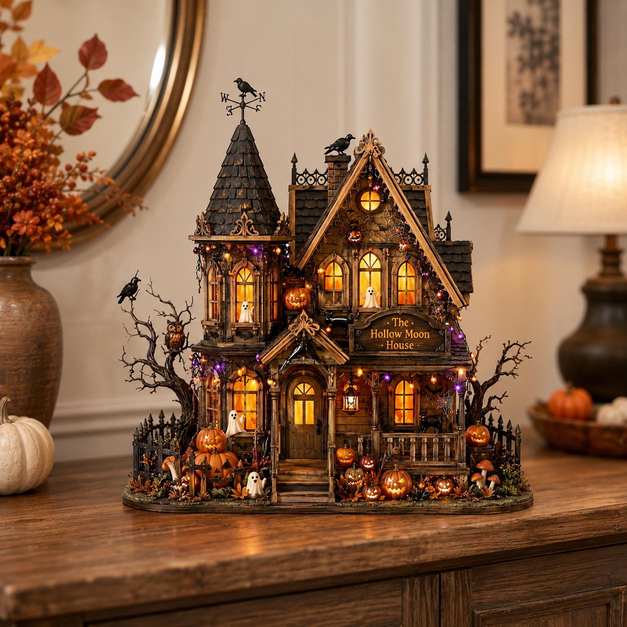 Personalized Haunted House Wood Block, Gothic Halloween Shelf Decor