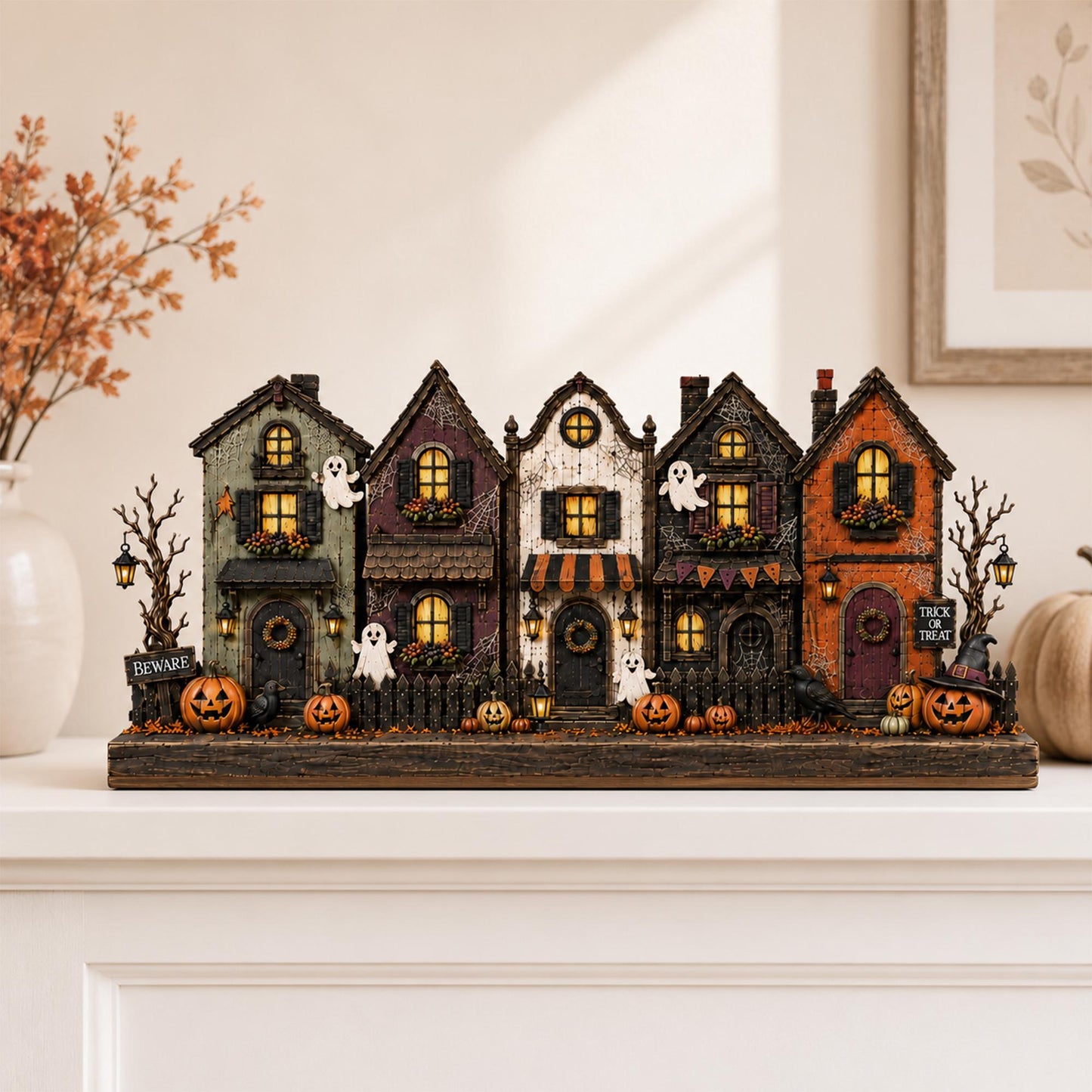 Personalized Village Halloween House Wood Sign, Custom Spooky Ghost Shelf Display, Halloween Gift For Family, Gothic Decor