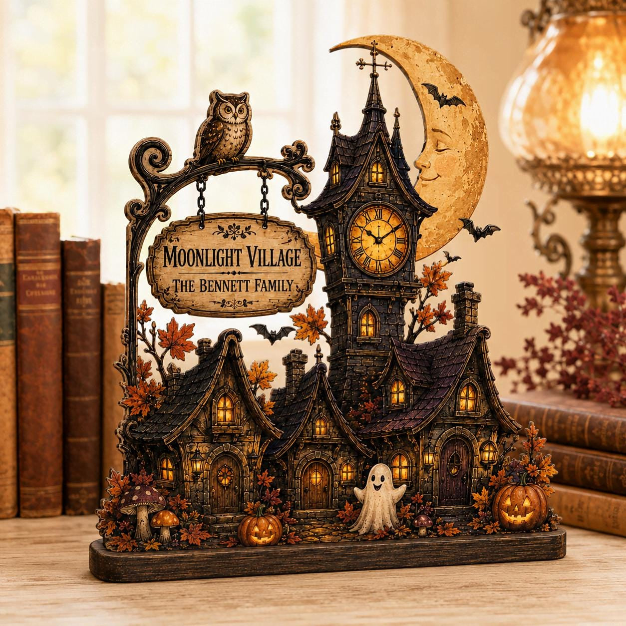 Personalized Halloween Clock Tower Wood Block, Custom Village Decor
