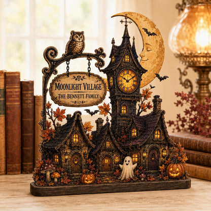 Personalized Halloween Clock Tower Wood Block, Custom Village Decor