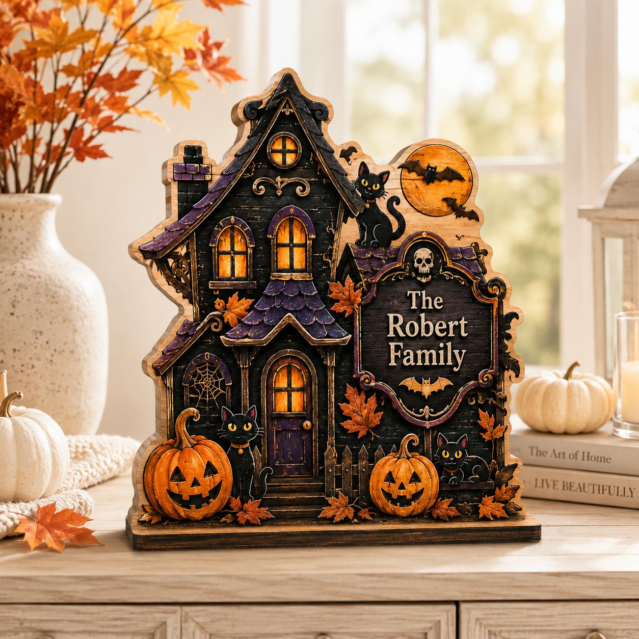 Personalized Black Cat Haunted House Wood Block, Family Halloween Decor