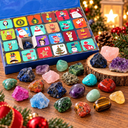 24-Day Crystal Advent Calendar, Natural Gemstone Christmas Countdown Gift