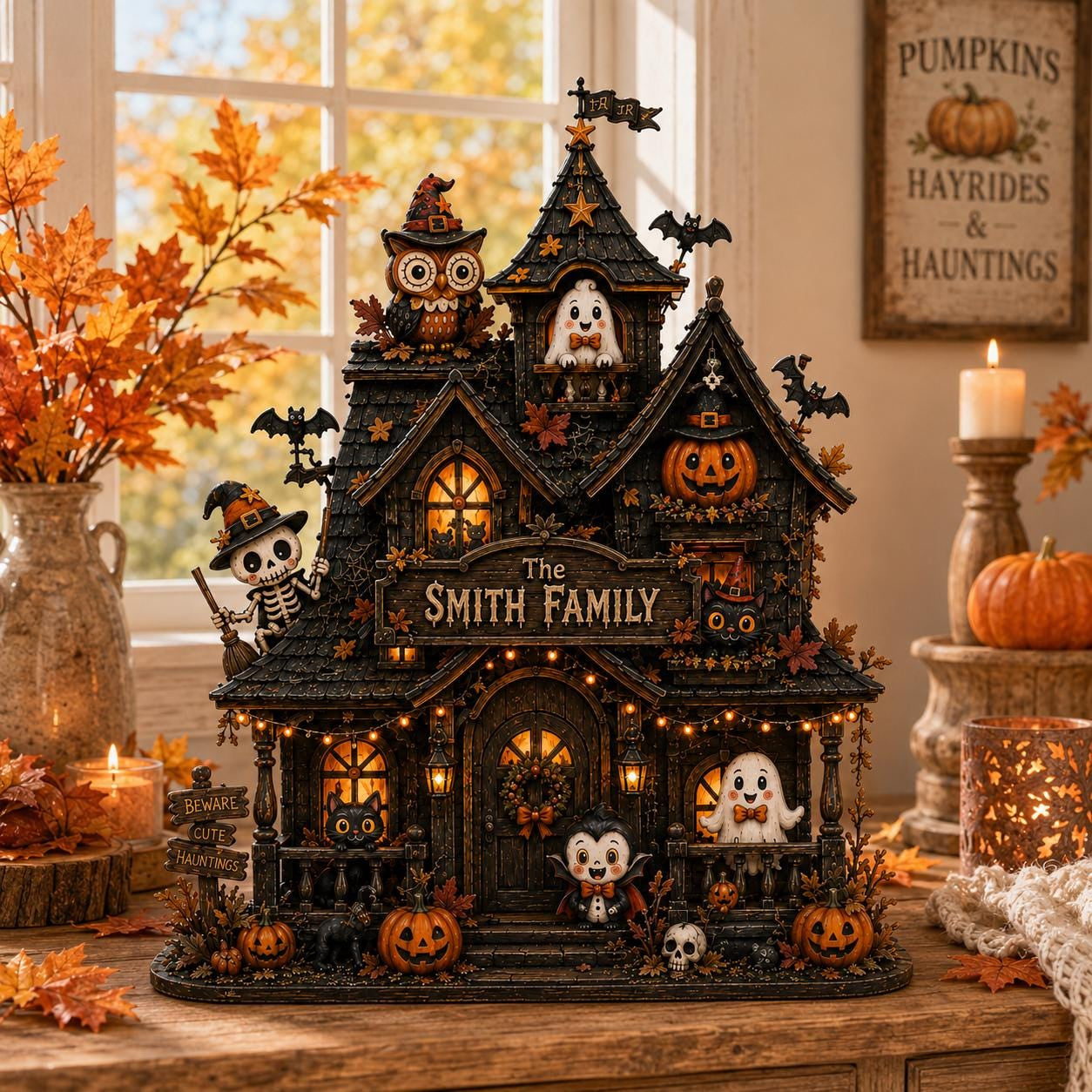 Personalized Haunted House Wood Block, Custom Family Halloween Decor