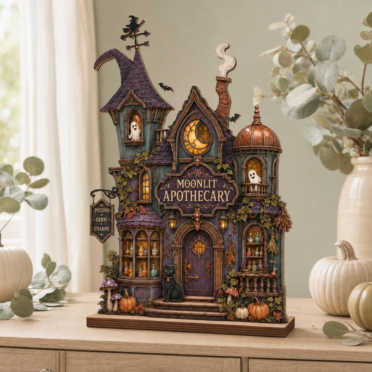 Personalized Moonlit Apothecary Wood Block, Witch Shop Halloween Decor