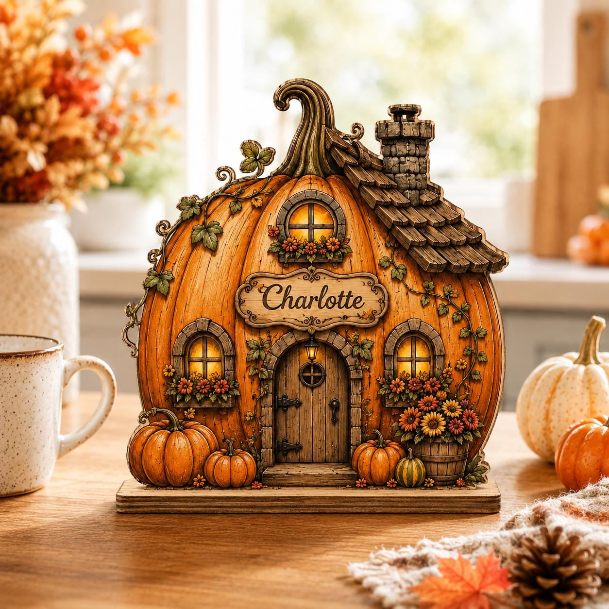 Personalized Pumpkin House Wooden Block, Custom Family Name Fall Decor, Autumn Cottage Shelf Sitter, Thanksgiving Home Gift