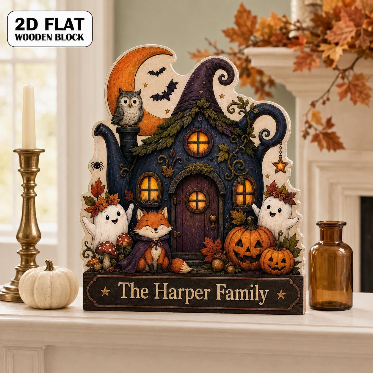 Personalized Witch House Wood Block, Fox Halloween Family Name Decor