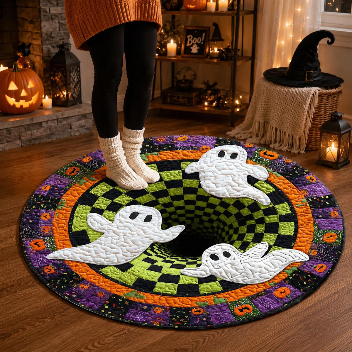 3D Ghost Halloween Rug, Round Spooky Checkerboard Optical Illusion Rug