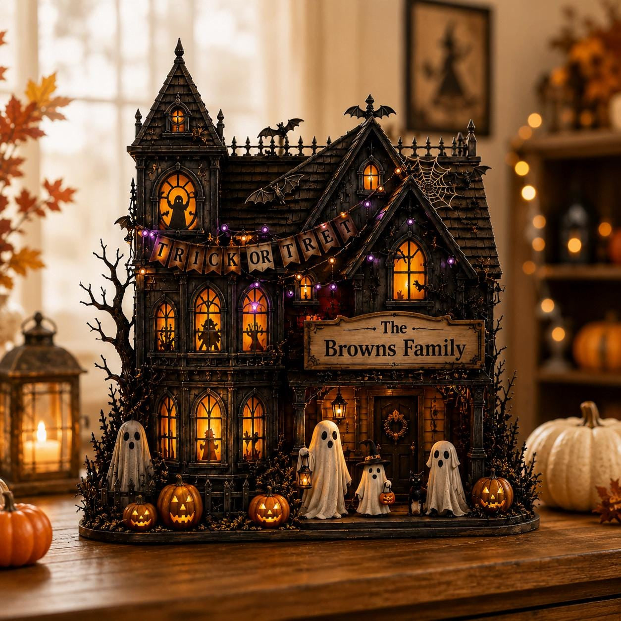Personalized Haunted House Wood Block, Custom Family Halloween Decor