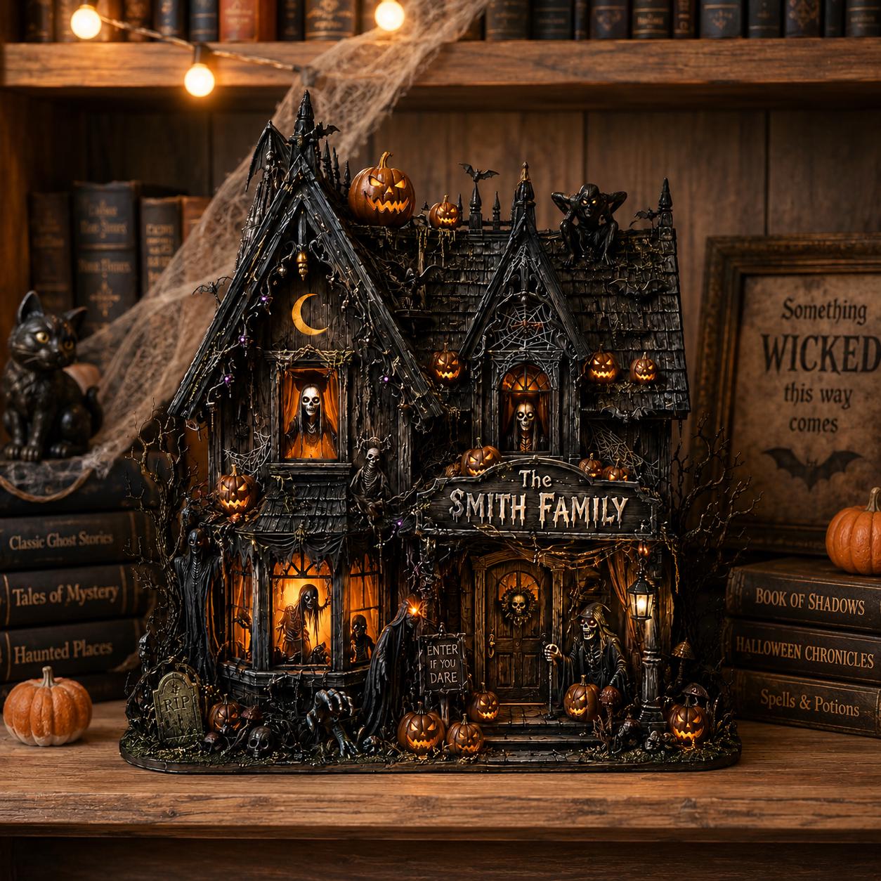 Personalized Haunted House Wood Block, Gothic Halloween Shelf Decor