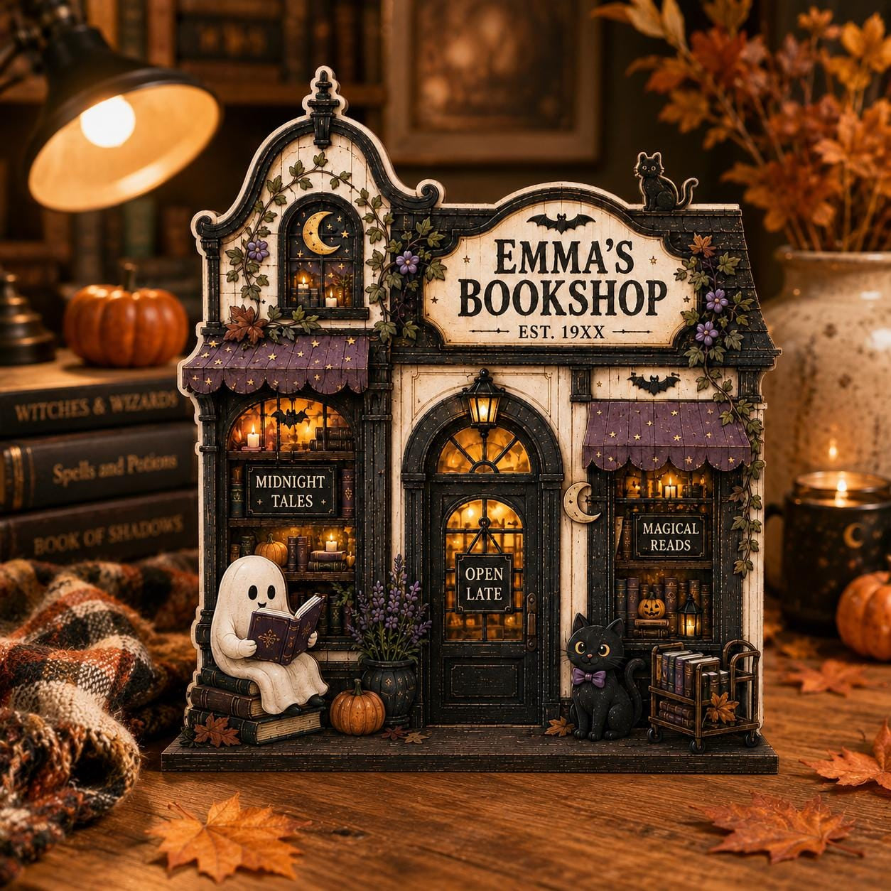 Personalized Ghost Reading Bookshop Sign, Spooky Miniature Shelf Display, Book Lover Decor, Halloween Gift