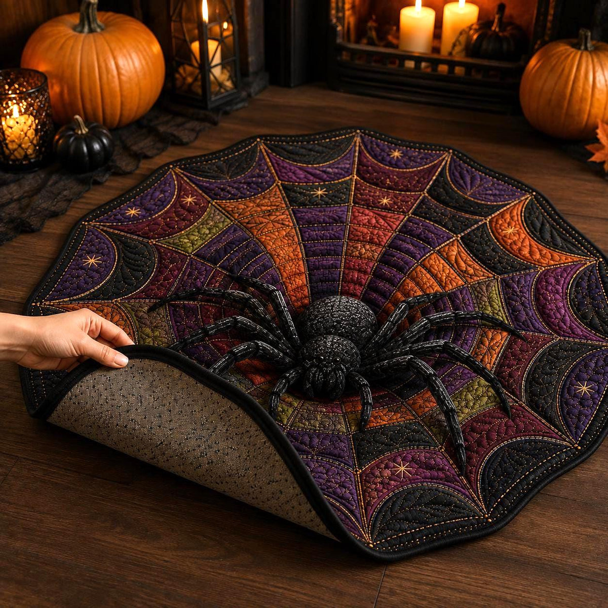 3D Spider Web Halloween Round Rug