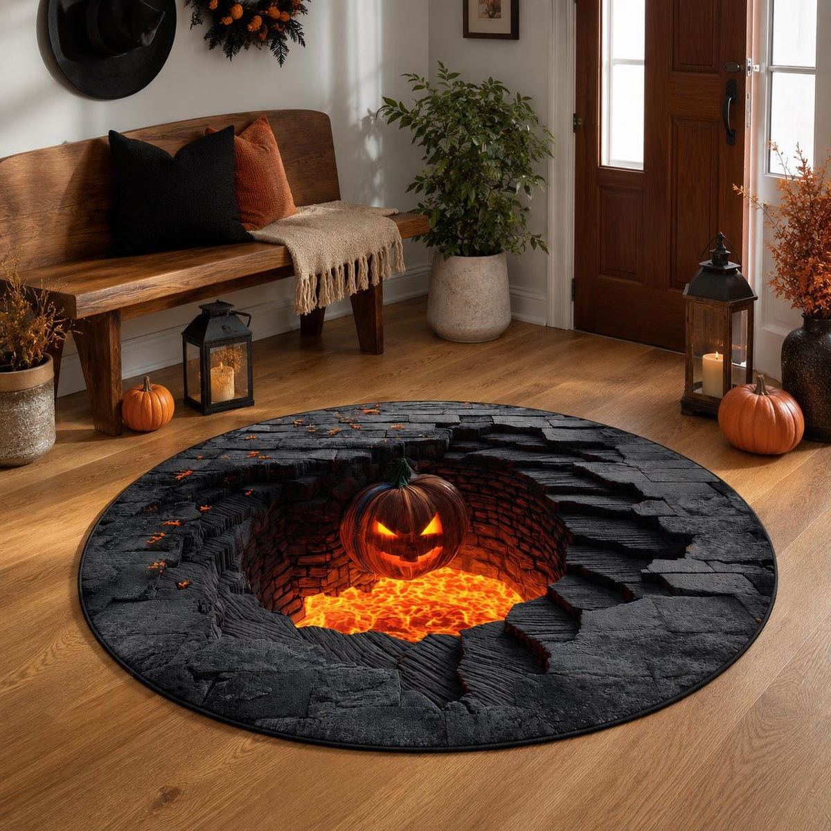 3D Pumpkin Lava Pit Halloween Round Rug